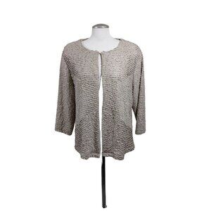 Chicos Travelers 3 Womens Cardigan Jacket XL Beige Metallic Gold Ruffled Stretch